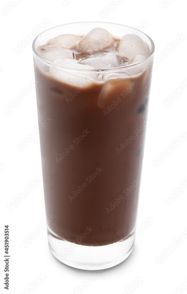 Glass of tasty chocolate milk on white background