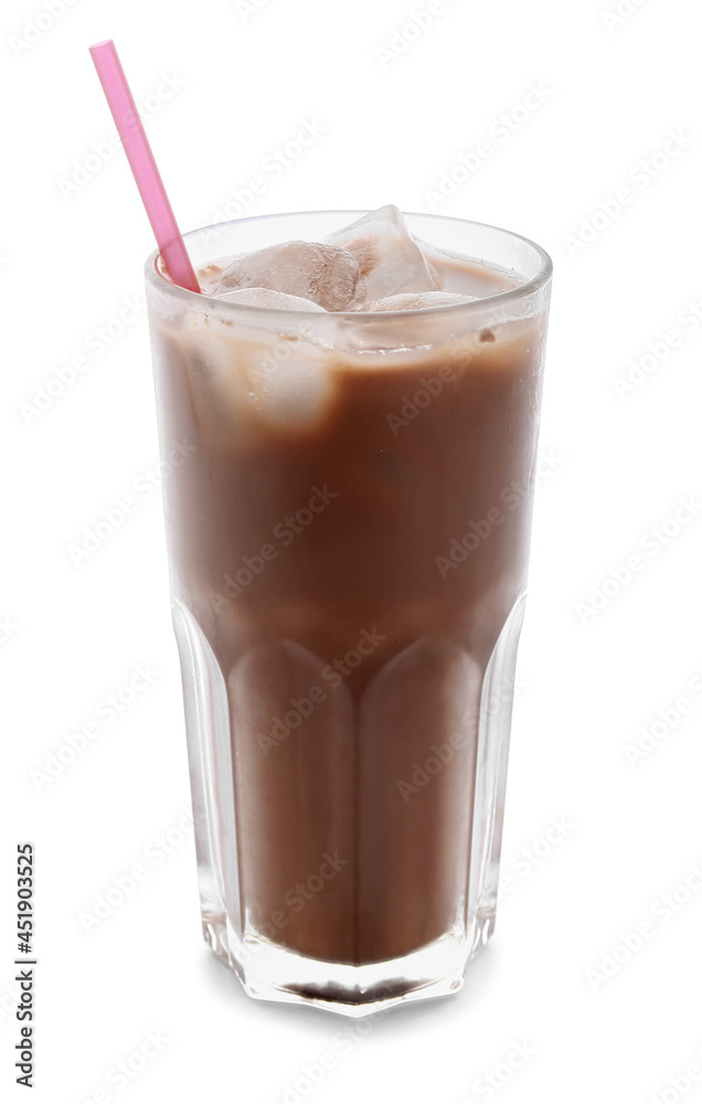 Glass of tasty chocolate milk on white background