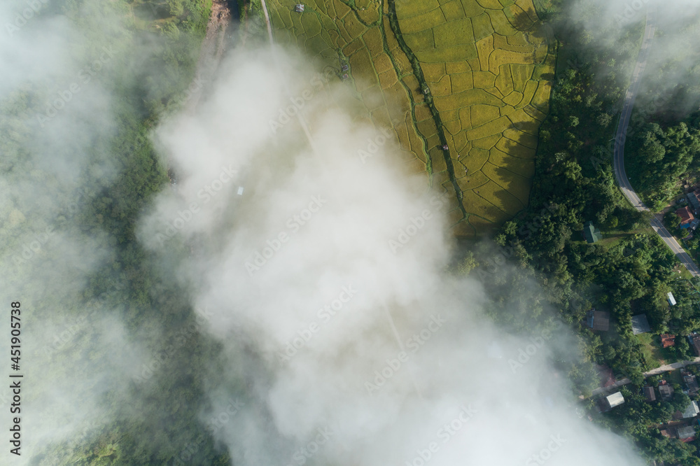 鸟瞰无人机拍摄的热带雨林山脉上流动的雾波，鸟瞰图像结束