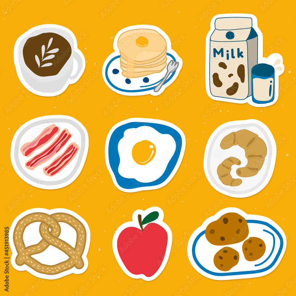 Cute food doodle sticker with a white border set vector