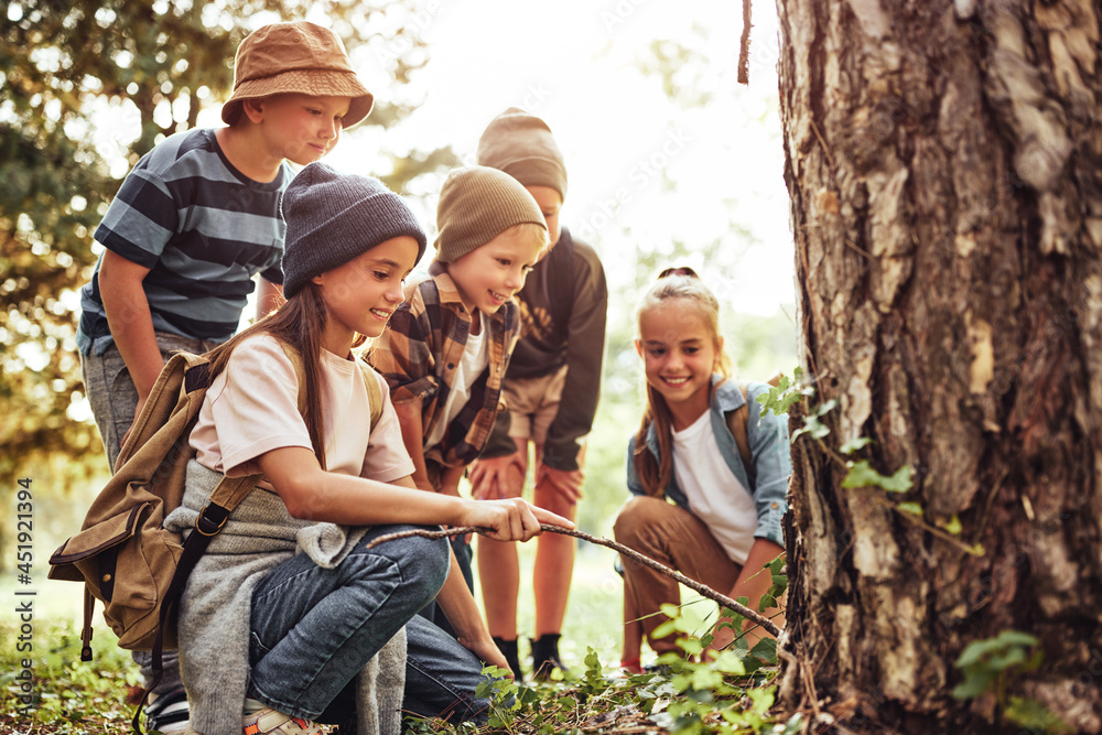 Happy school children boys and girls with backpacks examining tree bark in forest