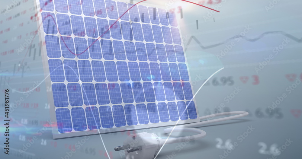 Stock market and financial data processing against solar panel in background