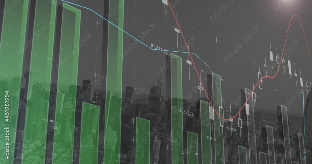 Financial data processing over grid network against cityscape in background