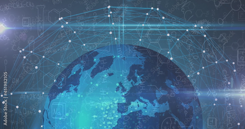 Image of chemistry data and drawings over globe and network of connections