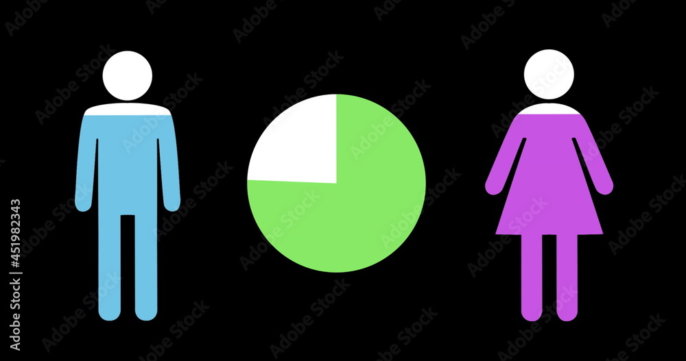 Male and female shapes and pie chart filling up with colours 4k