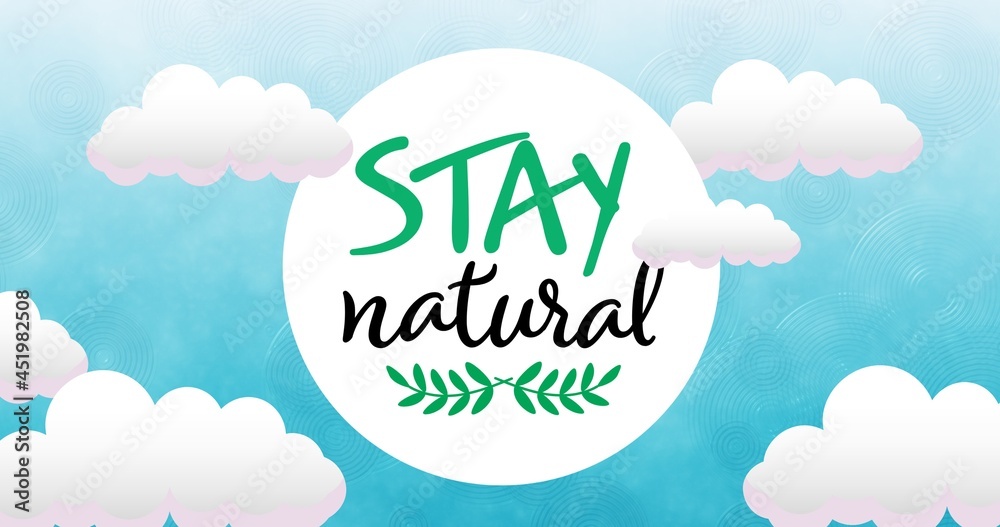 Composition of stay natural text and leaf logo over blue sky and clouds