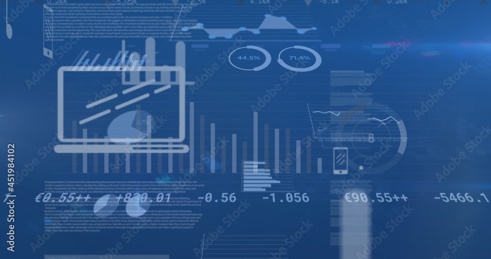 金融数据处理的数字图像和在蓝色背景下移动的数字图标