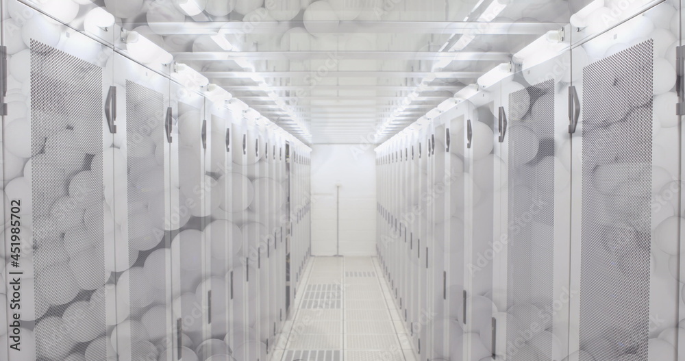 Server room against spheres moving on white background