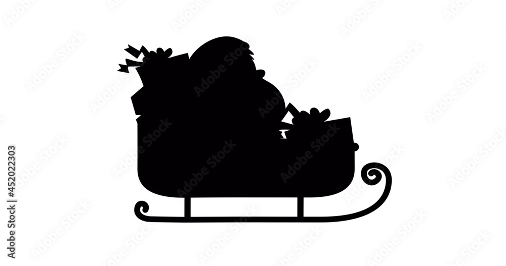 Image of black silhouette of santa claus in sleigh moving on white background