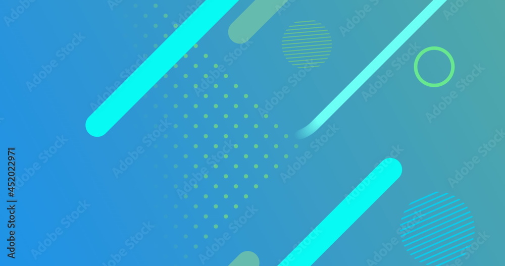 Geometric shapes and circles moving on blue to green background