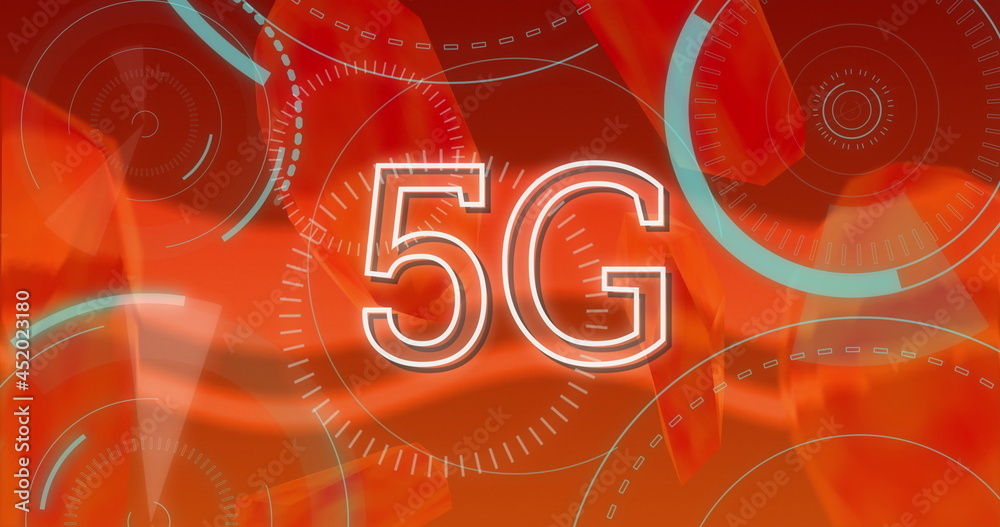 红色背景上旋转圆圈上的5g文本图像