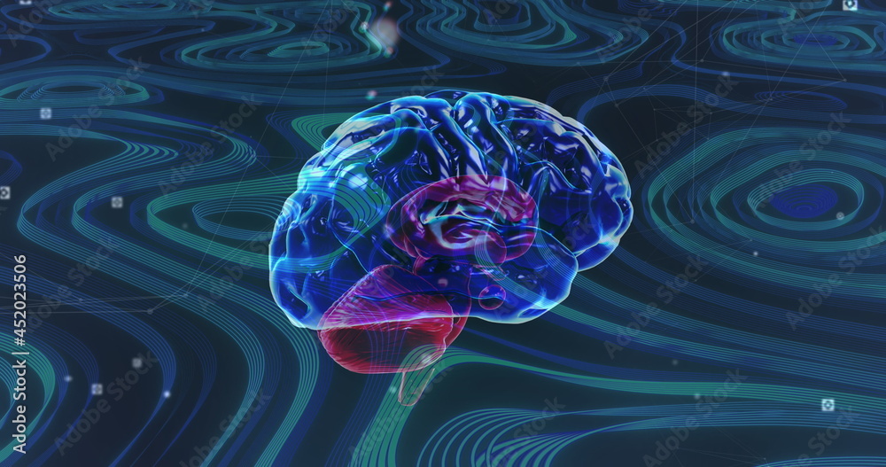 Image of transparent blue brain rotating on green background with flashing points of light