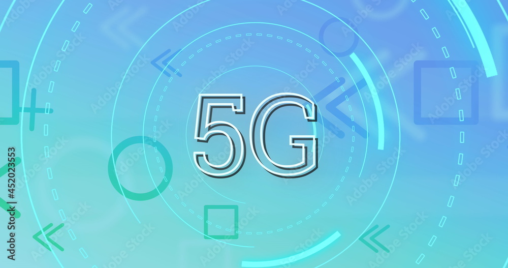 蓝色背景上漂浮的旋转圆圈和形状上的5g文本图像