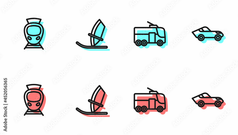 Set line Trolleybus, Tram and railway, Windsurfing and Car icon. Vector