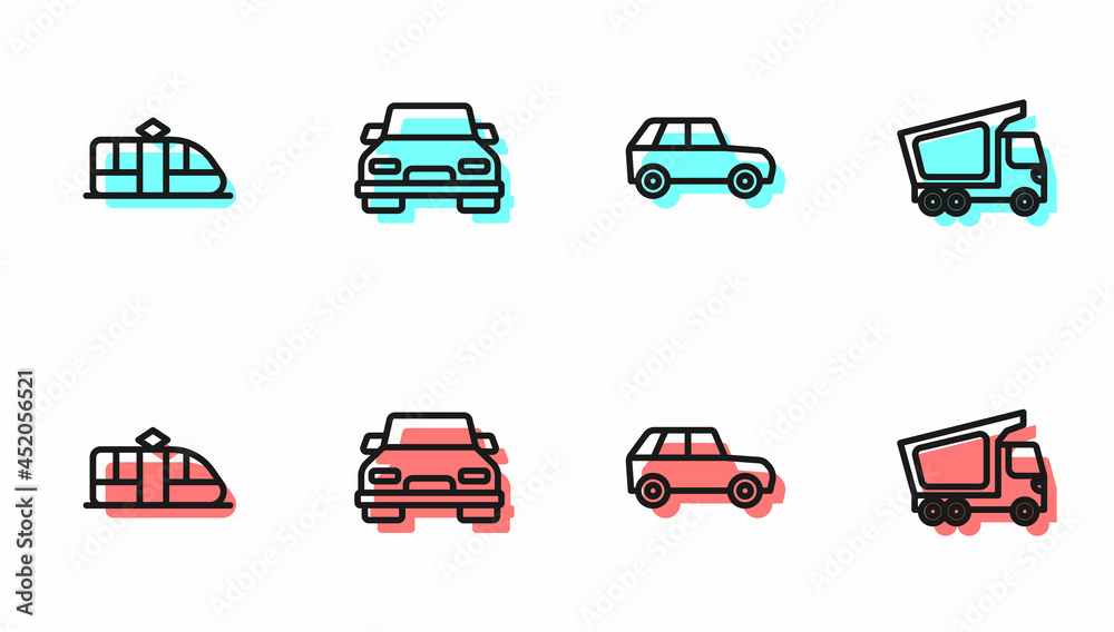 Set line Car, Tram and railway, and Delivery cargo truck icon. Vector