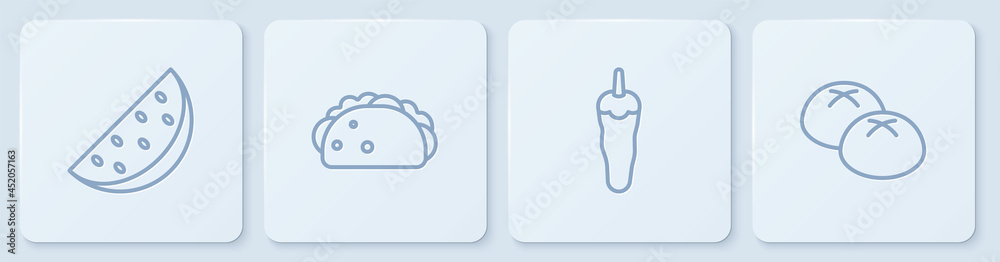 西瓜、辣椒、墨西哥玉米饼和面包。白色方形按钮。Vecto