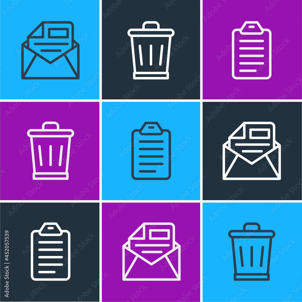 Set line Mail and e-mail, To do list or planning and Trash can icon. Vector