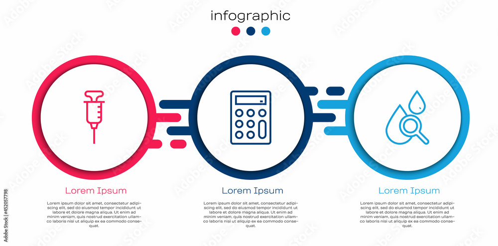 Set line Syringe, Calculator and Drop and magnifying glass. Business infographic template. Vector