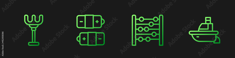 设置线算盘，Rake玩具，电池和玩具船。渐变色图标。矢量