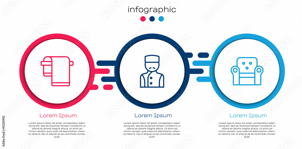 Set line Towel on hanger, Concierge and Armchair. Business infographic template. Vector