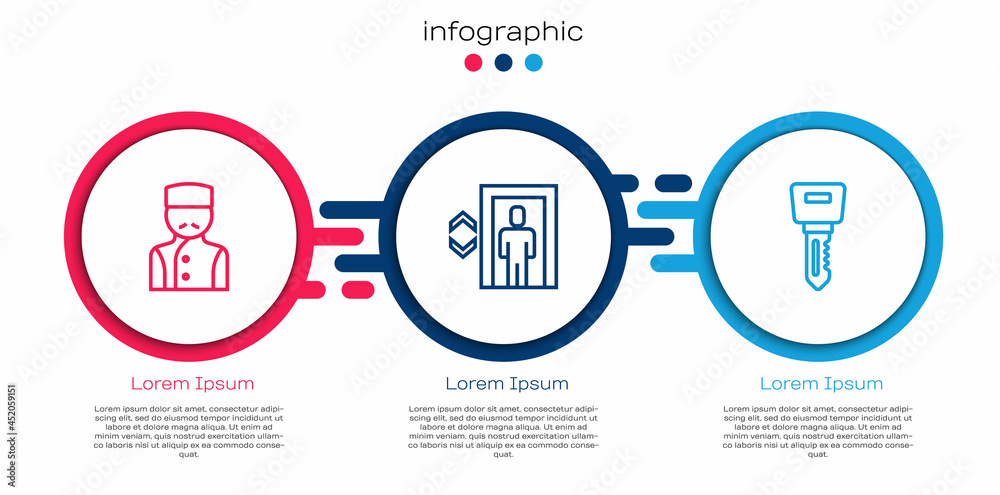 Set line Concierge, Lift and Hotel door lock key. Business infographic template. Vector