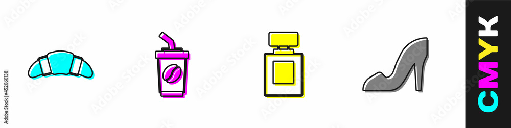 Set Croissant, Coffee cup to go, Perfume and Woman shoe icon. Vector