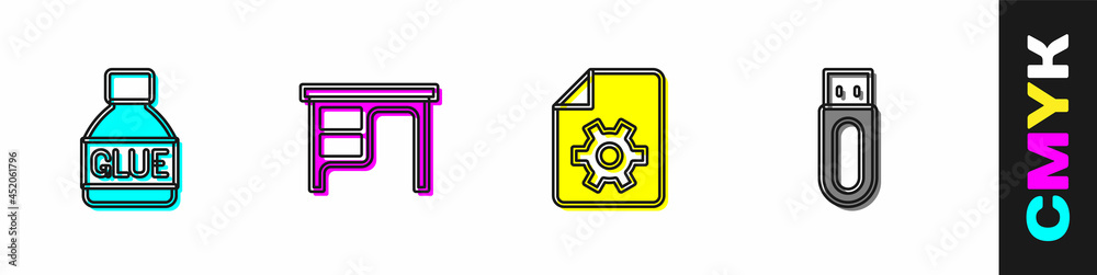 设置胶水、办公桌、文档设置和U盘图标。矢量