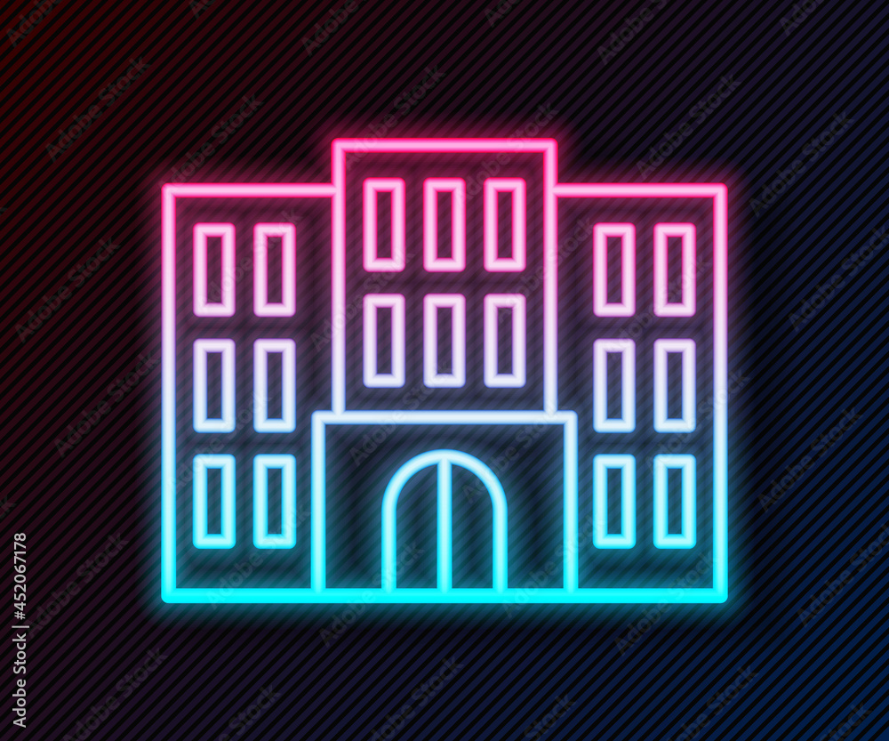 Glowing neon line Hotel building icon isolated on black background. Vector