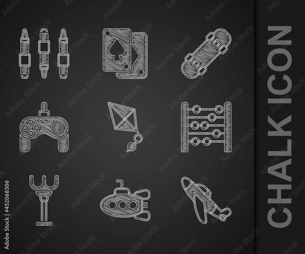 Set Kite, Submarine toy, Toy plane, Abacus, Rake, Gamepad, Skateboard and Marker pen icon. Vector