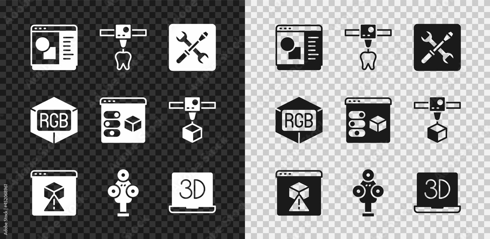 设置3D打印机软件、牙齿、设置、扫描仪、RGB和CMYK颜色混合和图标。矢量