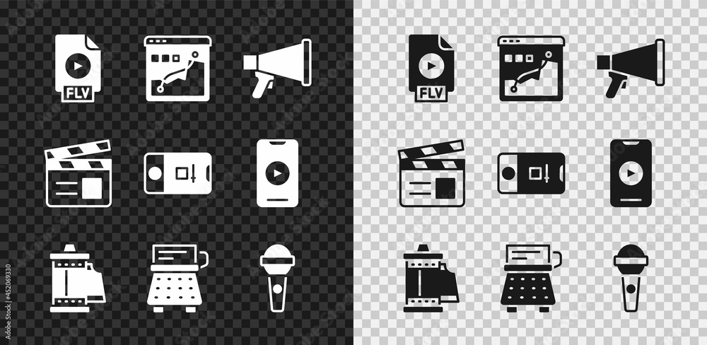 Set FLV file document, Histogram graph photography, Megaphone, Camera roll cartridge, Retro typewrit