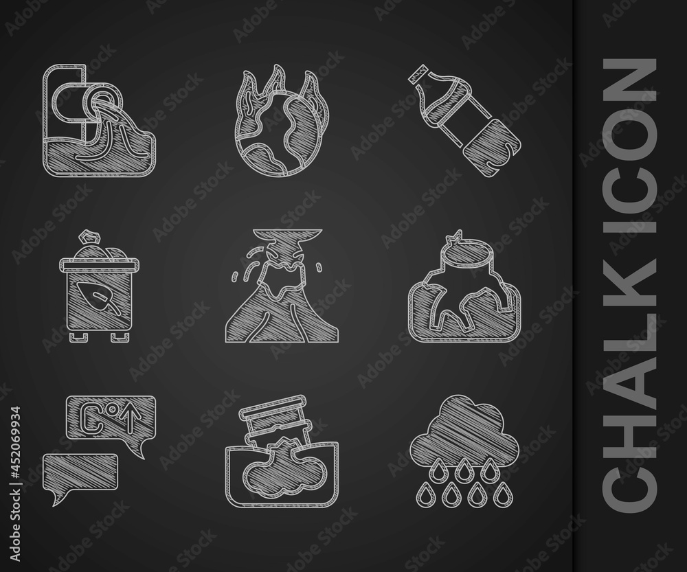 Set Volcano eruption with lava, Barrel oil leak, Cloud rain, Deforestation, Global warming, Recycle 