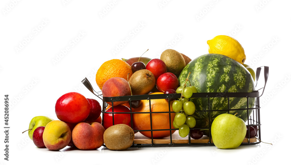 Basket with fresh fruits on white background