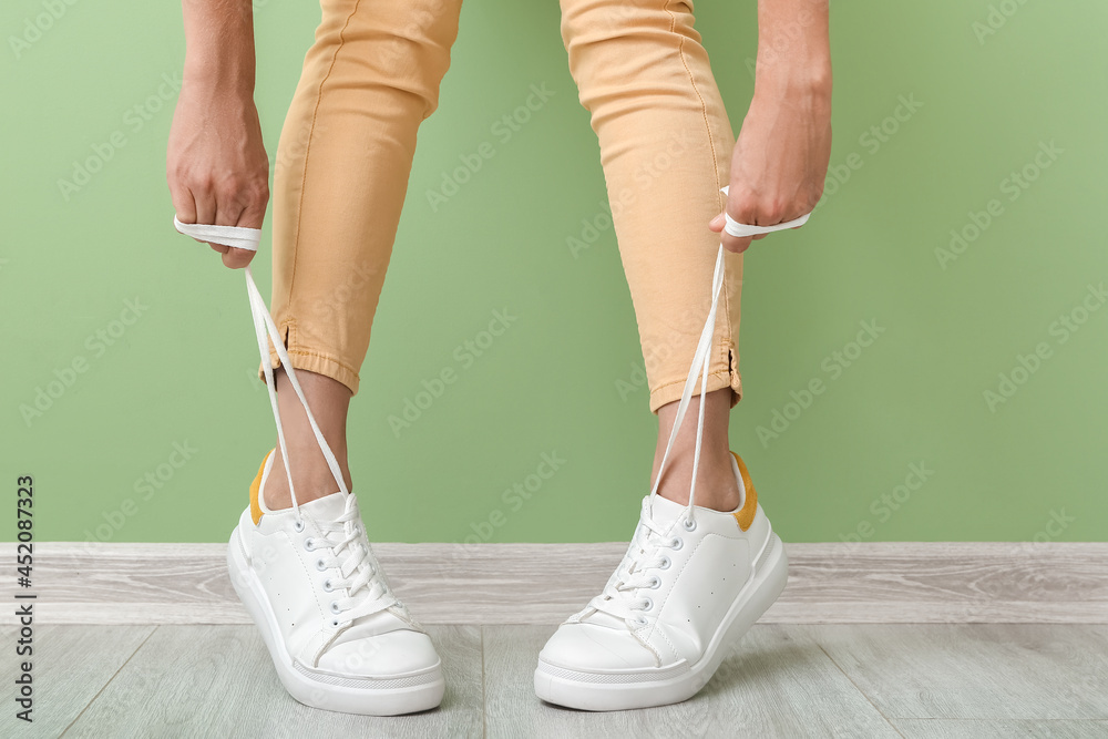 Legs of woman in stylish shoes indoors