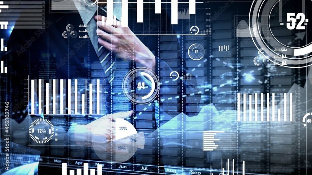 Double Exposure of Business and Finance Conceptual - Businessman with report chart up forward to fin