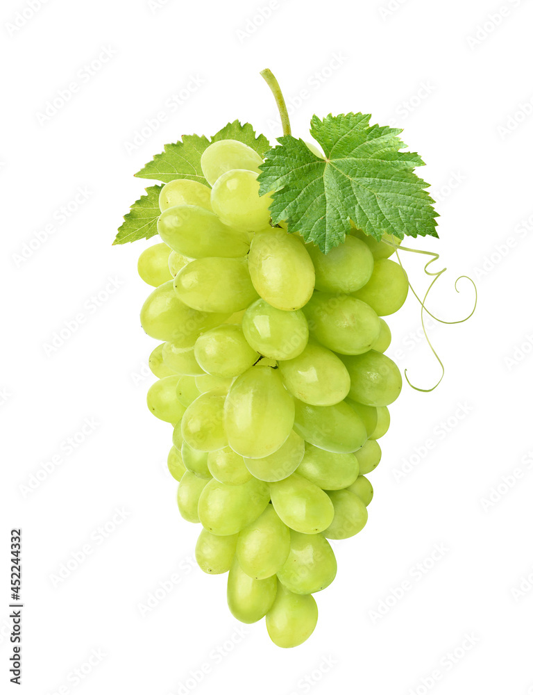 Green Grape cluster with leaves solated on white background.