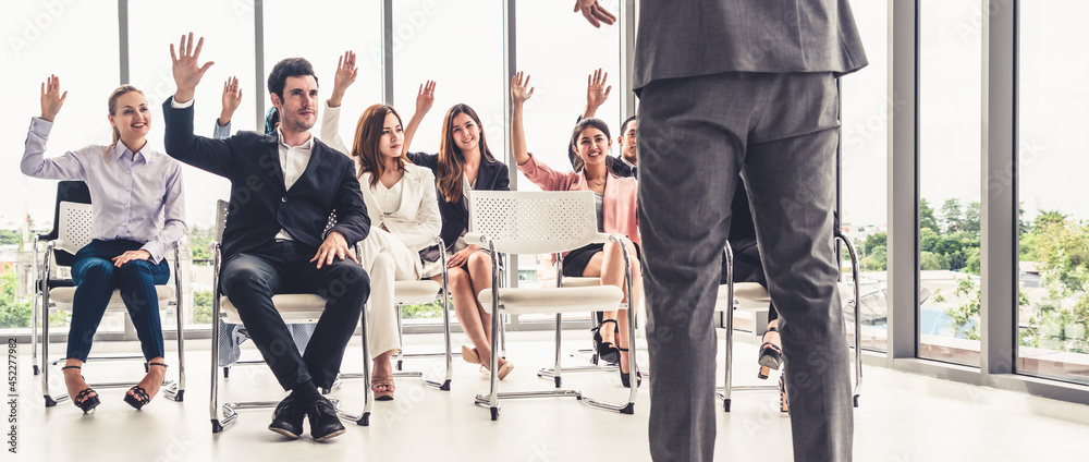 Businesswomen and businessmen attending group meeting conference in office room. Corporate business 