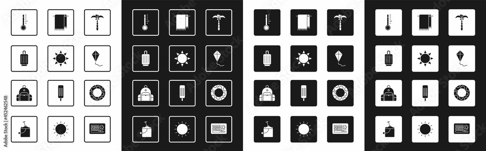 套装热带棕榈树、太阳、手提箱、气象温度计、风筝、挂毛巾、橡胶泳衣