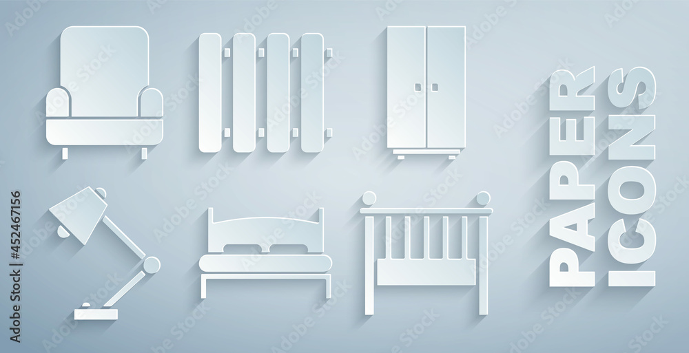 Set Big bed, Wardrobe, Table lamp, Baby crib cradle, Heating radiator and Armchair icon. Vector