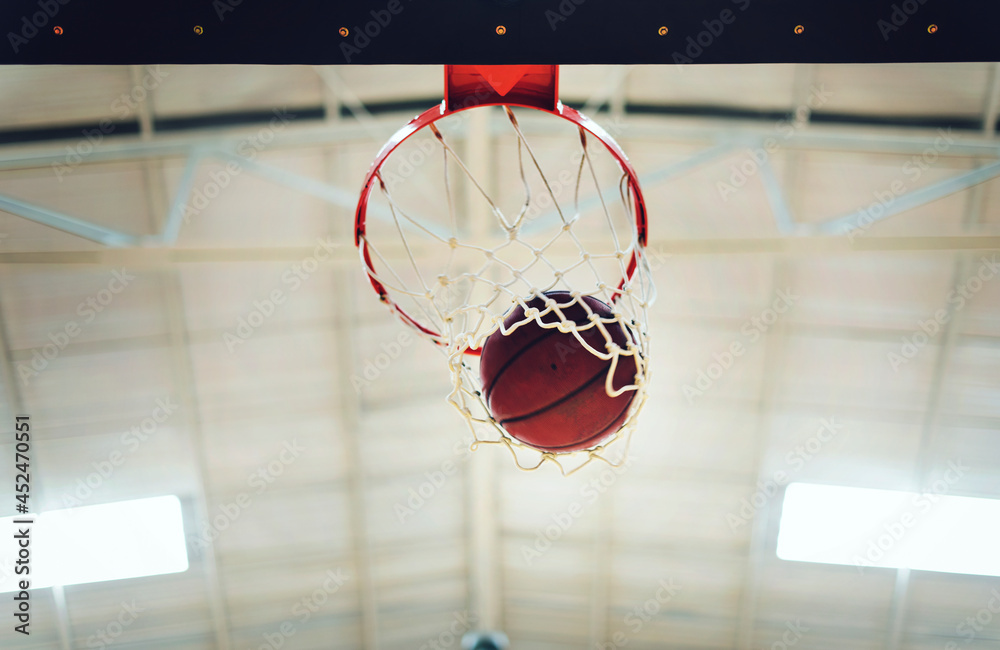 Basketball in hoop net