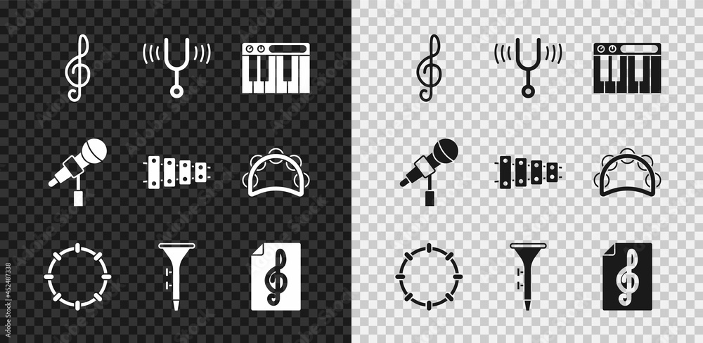 Set Treble clef, Musical tuning fork, synthesizer, Tambourine, Drum and drum sticks, Microphone and 