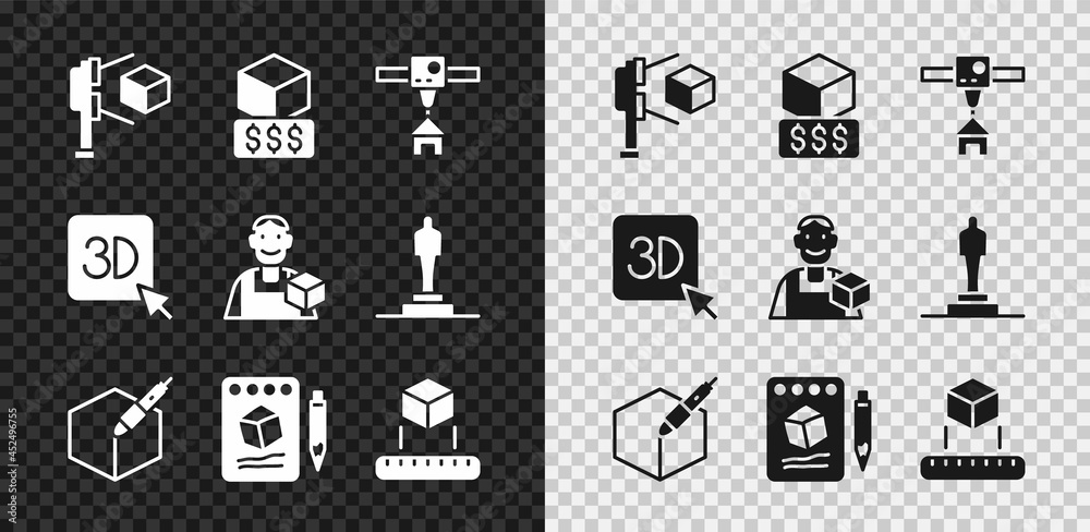 设置带立方体的3D扫描仪、打印机服务、房屋、3D笔工具、纸上草图、等距图和Grap