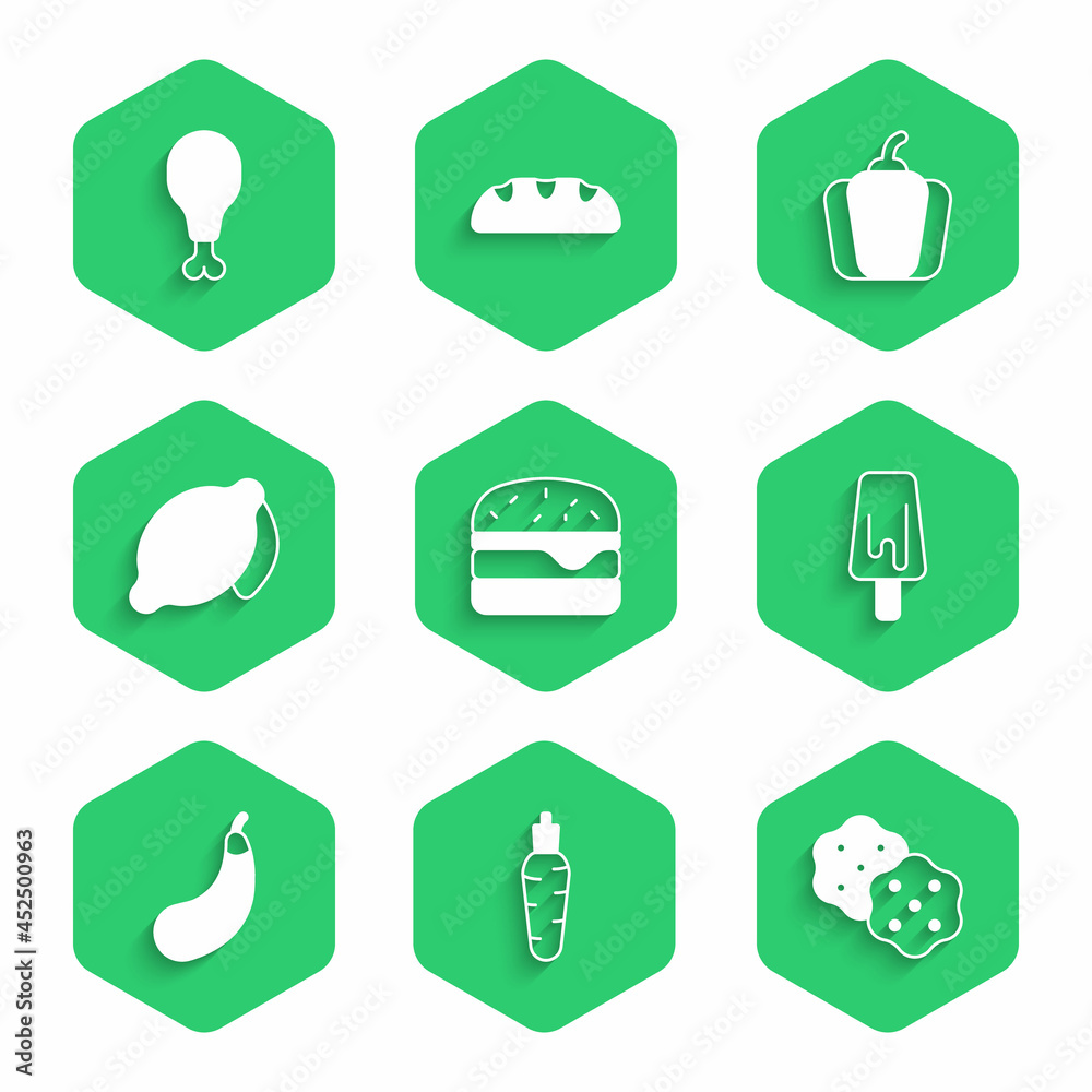 Set Burger, Carrot, Cracker biscuit, Ice cream, Eggplant, Lemon, Bell pepper and Chicken leg icon. V