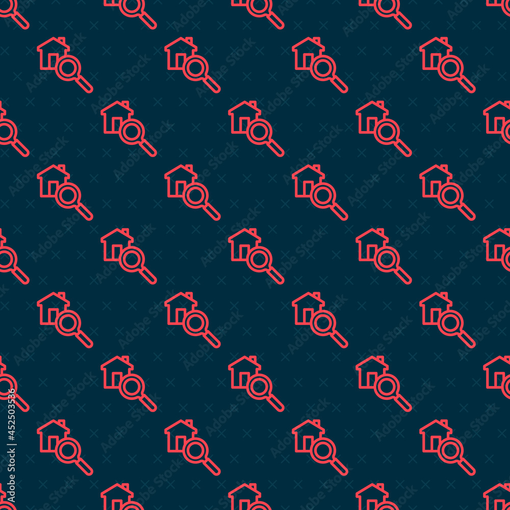 Red line Search house icon isolated seamless pattern on black background. Real estate symbol of a ho