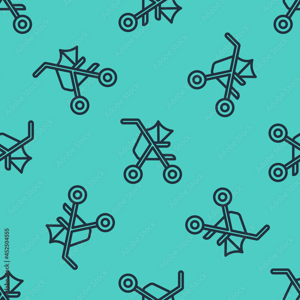 Black line Baby stroller icon isolated seamless pattern on green background. Baby carriage, buggy, p