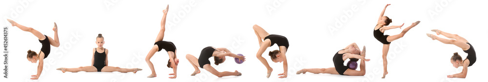 Set of little girl doing gymnastic exercises isolated on white