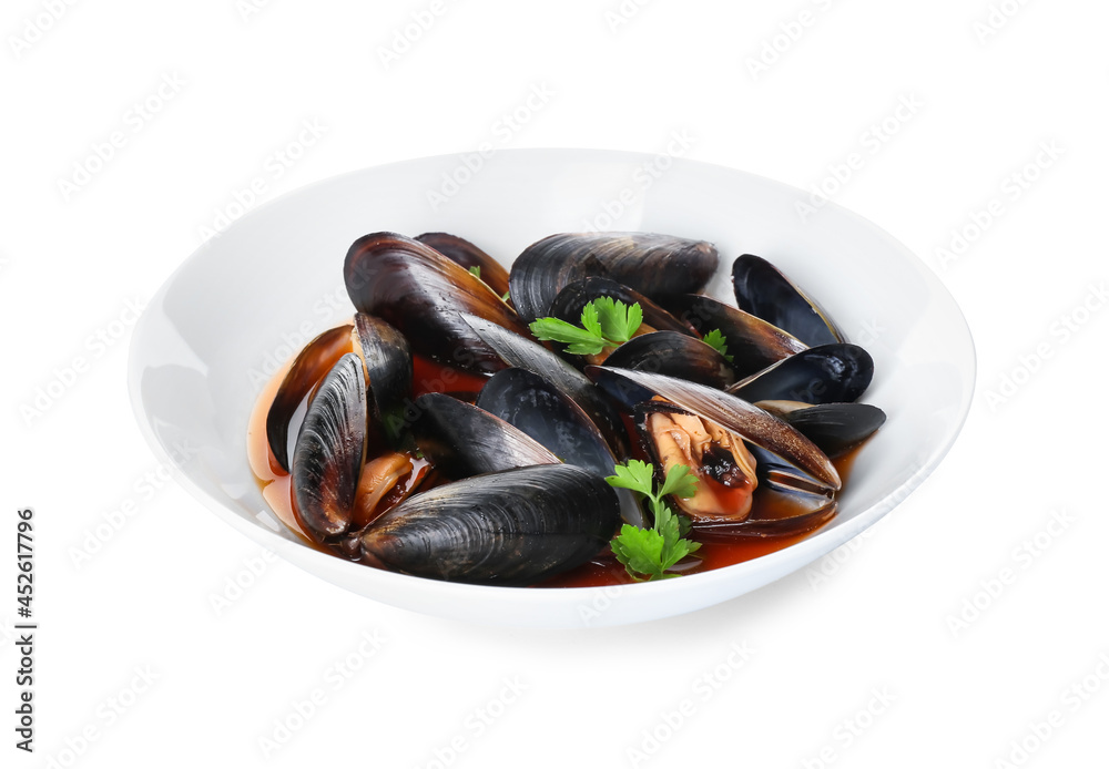 白底美味的Mussels Marinara盘子