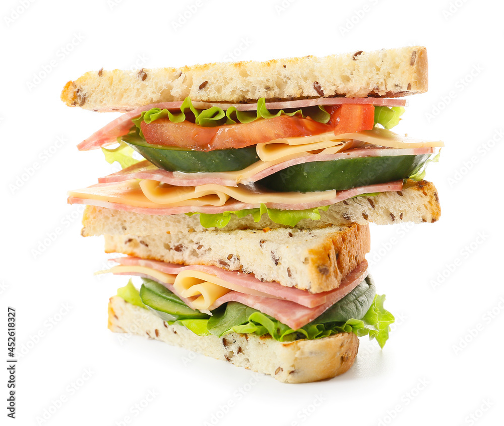 Tasty sandwiches on white background