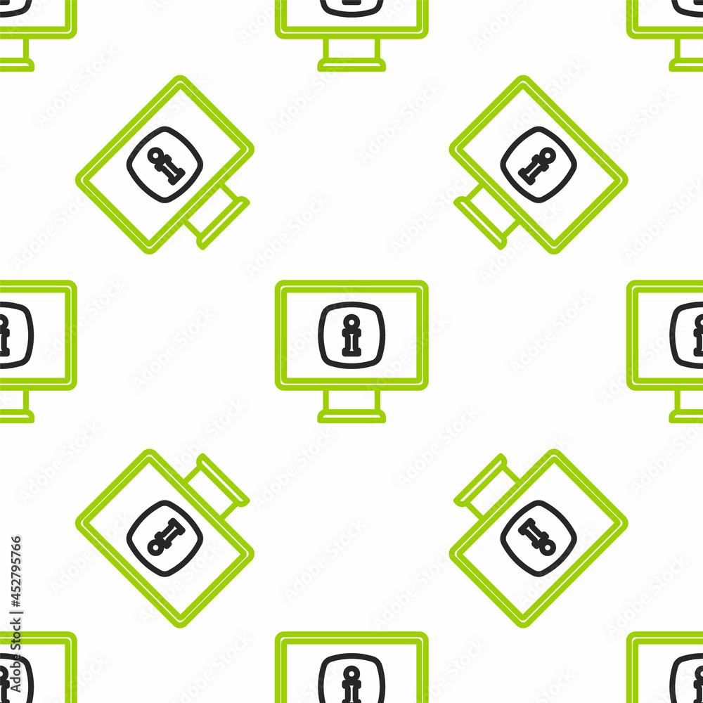 Line Monitor with information icon isolated seamless pattern on white background. Vector