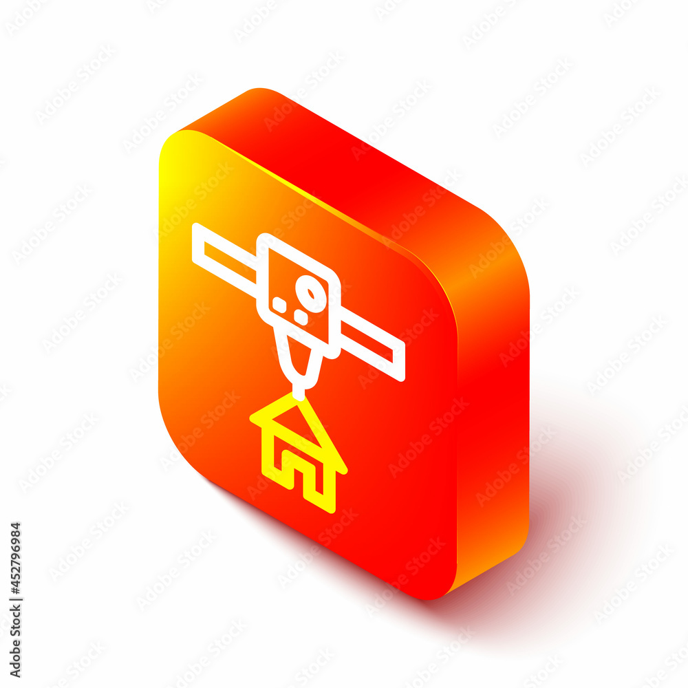 Isometric line 3D printer house icon isolated on white background. 3d printing. Orange square button